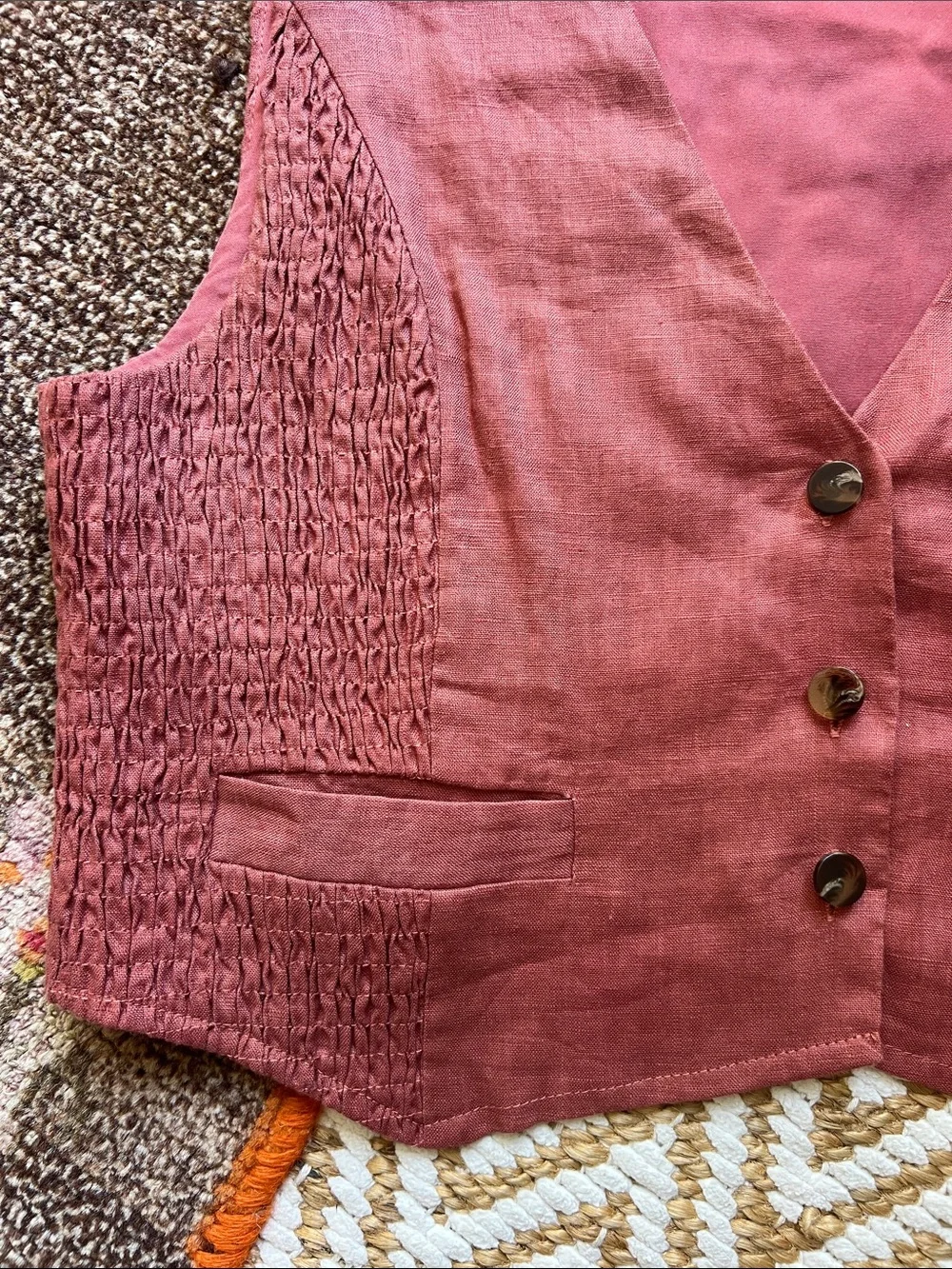 Smocked Linen-Blend Vest in Rosewood